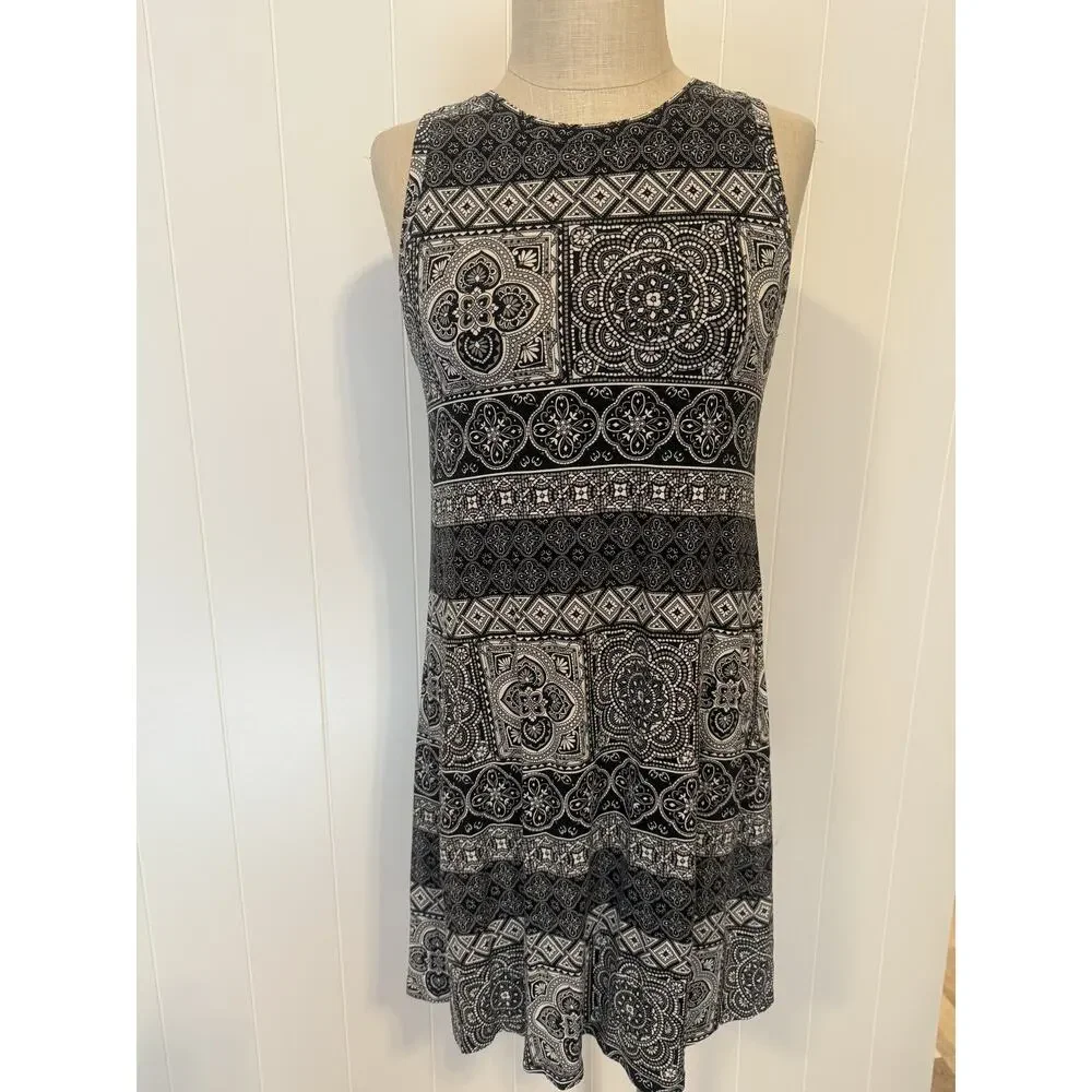LOFT Outlet Dress Womens Medium Petite Black White Sleeveless Geometric Boho - Picture 2 of 10